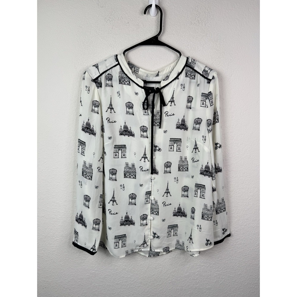 Talbots Paris Print Blouse Women's L Petite Bow Tie Career Preppy French - Picture 2 of 6